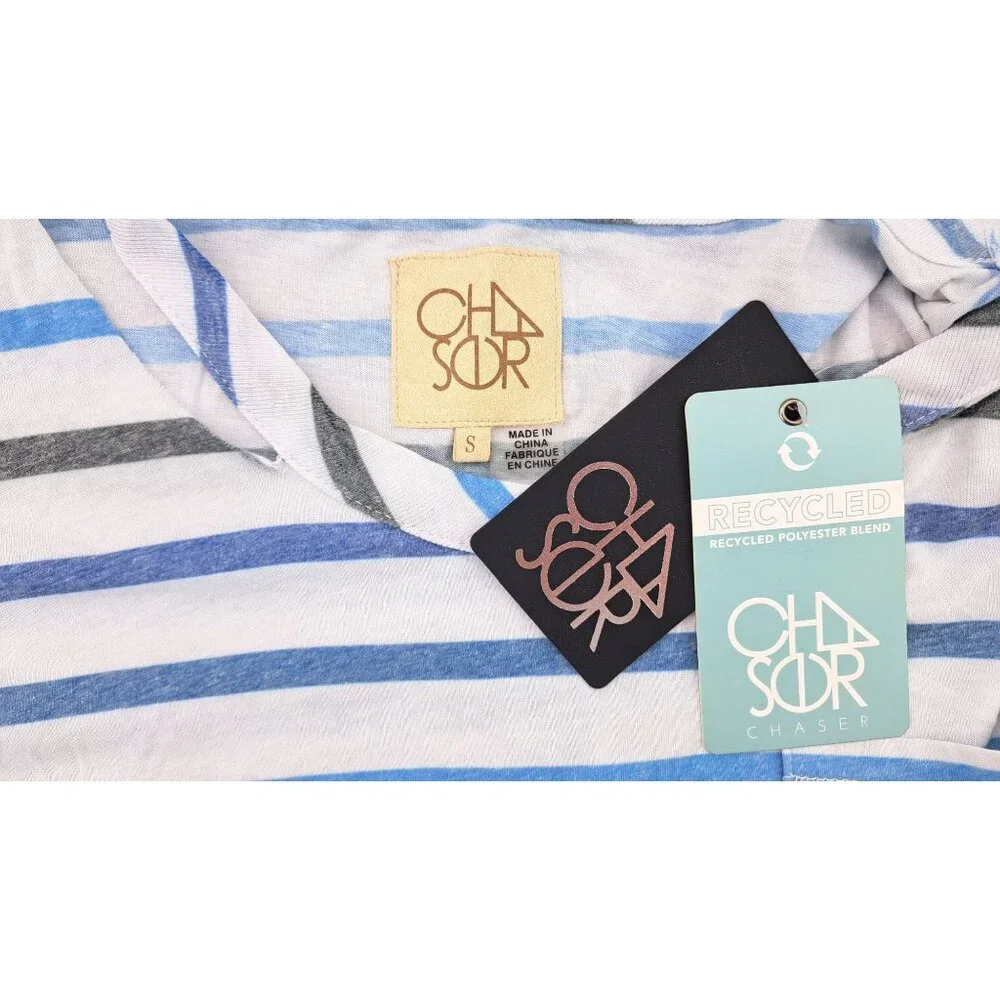 Chaser Recycled Striped Short Sleeve Top Women Size Small Pocket Vented Shirt - Picture 4 of 7